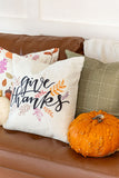 Give Thanks | Pillow Cover | Purple Leaves | Holiday Pillows | 18 x 18 | Indoor & Outdoor