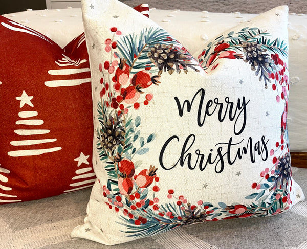 Merry Christmas Wreath | Pillow Cover | Christmas | Holiday Decor | 18 x 18 | Machine Washable