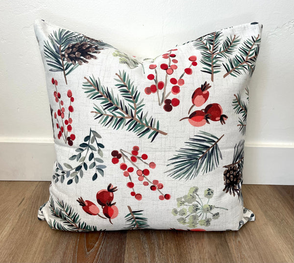 Berries & Pine Pattern | Pillow Cover | Christmas | Holiday Decor | 18 x 18 | Machine Washable