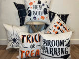 Broom Parking | Halloween Pillow Cover | Holiday Decor | Witch Cover | Indoor & Outdoor | 18 x 18