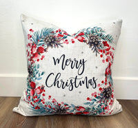 Merry Christmas Wreath | Pillow Cover | Christmas | Holiday Decor | 18 x 18 | Machine Washable