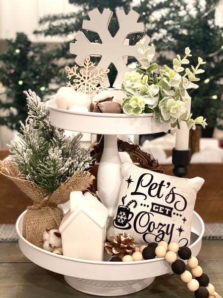 Tiered Tray Mini Pillow | Let’s Get Cozy | Farmhouse Tiered Tray Decor | Christmas Tiered Tray Decor
