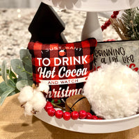 Tiered Tray Mini Pillow | Drink Hot Cocoa Red Plaid | Farmhouse Tiered Tray Decor | Christmas Tiered Tray Decor