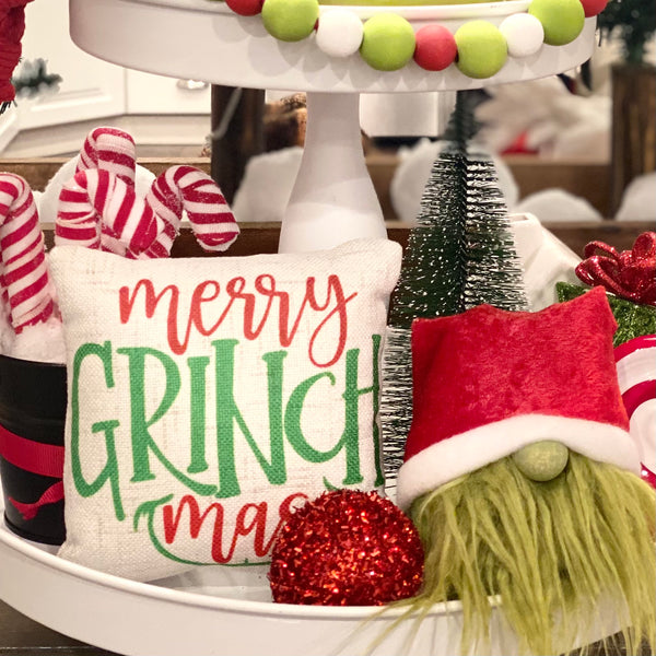 Tiered Tray Mini Pillow | Merry Grinchmas | Farmhouse Tiered Tray Decor | Christmas Tiered Tray Decor